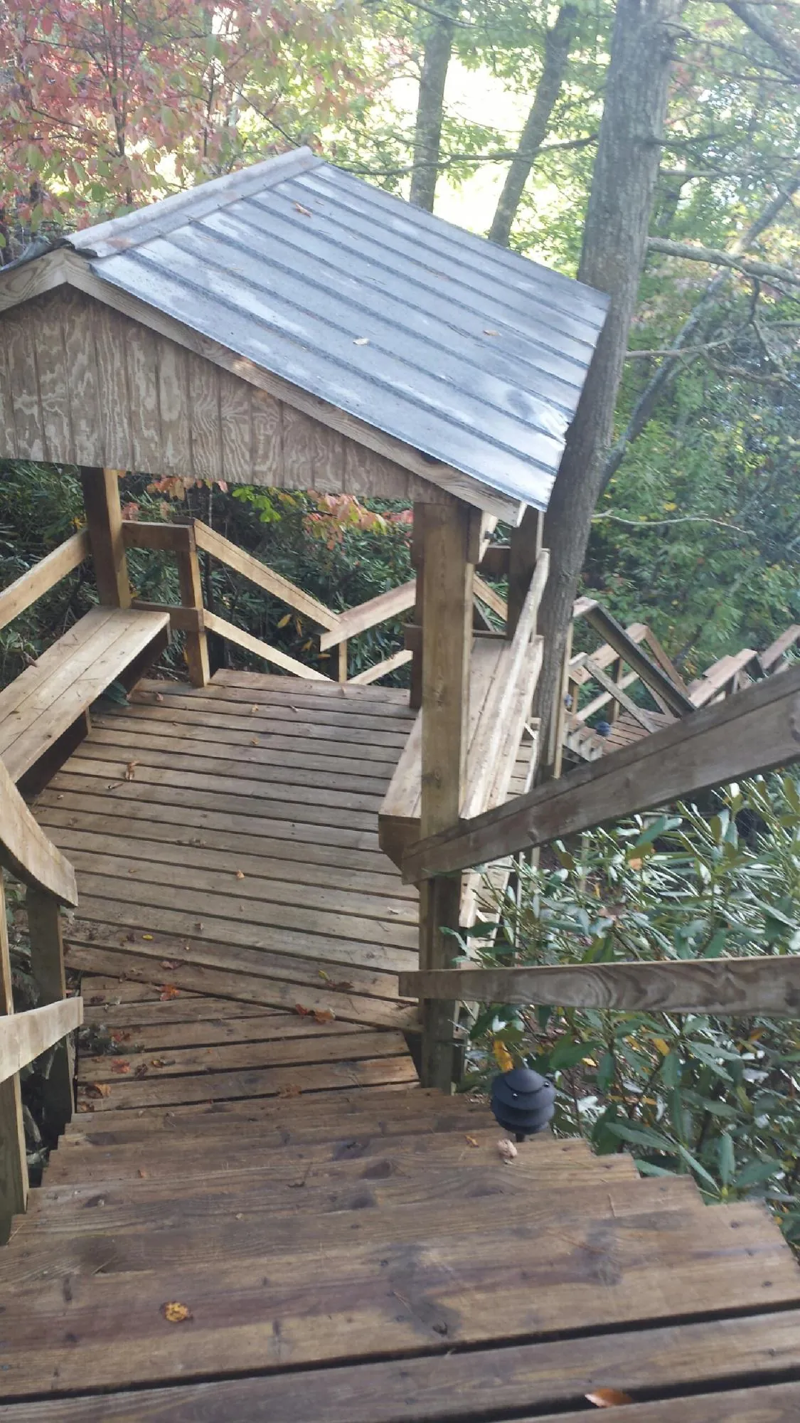 Metal roofed shelter over wooden steps on a wooded walkway — Skylight Repair & Installation work by our crew in Blomkest